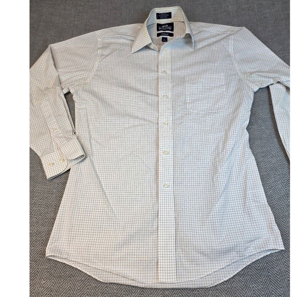 Stafford Mens Fitted Wrinkle Free Dress Shirt 15 32-33 White Blue Grid Check